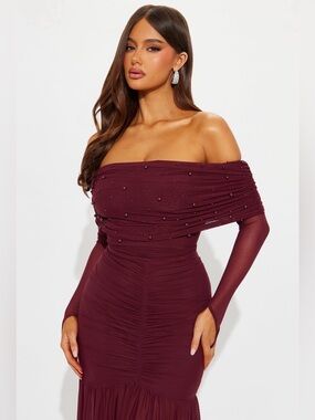Twin Flame Mesh Maxi Gown - Plum 
Off-Shoulder Burgundy Evening Gown